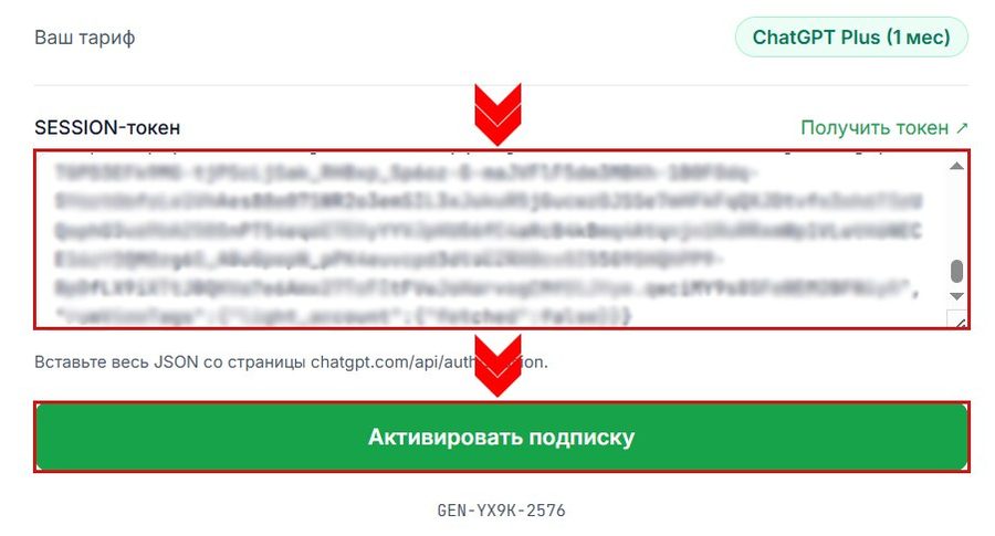 Вставленный SESSION-токен и кнопка «Активировать подписку»